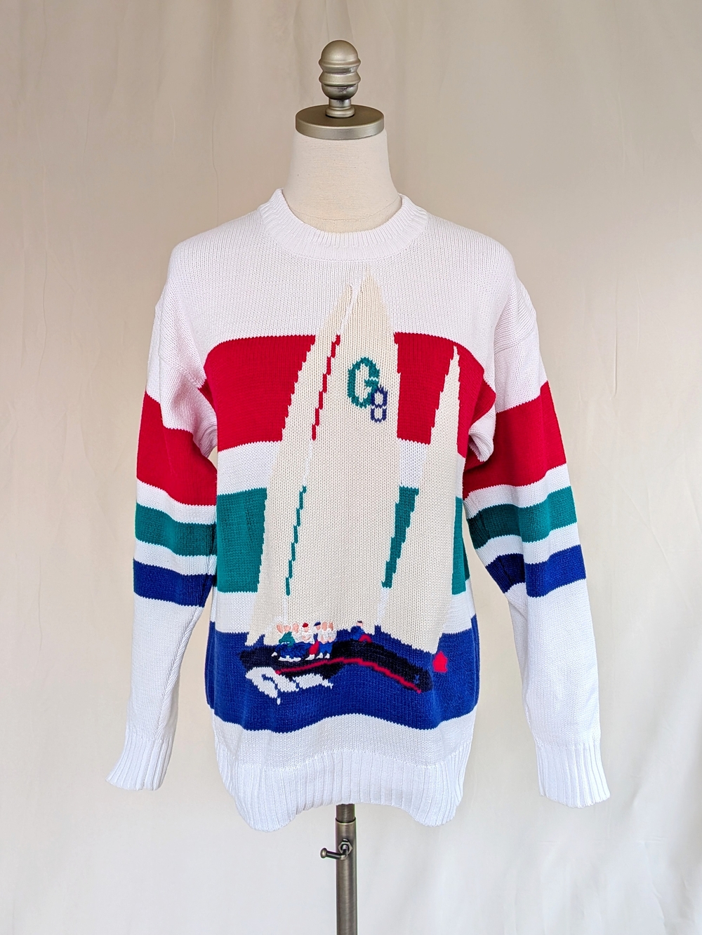 Vintage 1980s Gant Hand Intarsia Sailboat 100% Cotton Knit Sweater Size M/L